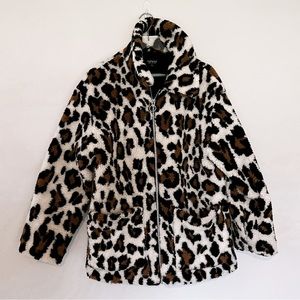 Topshop Faux Fur Sherpa Leopard Animal Print Oversized Jacket Size 10